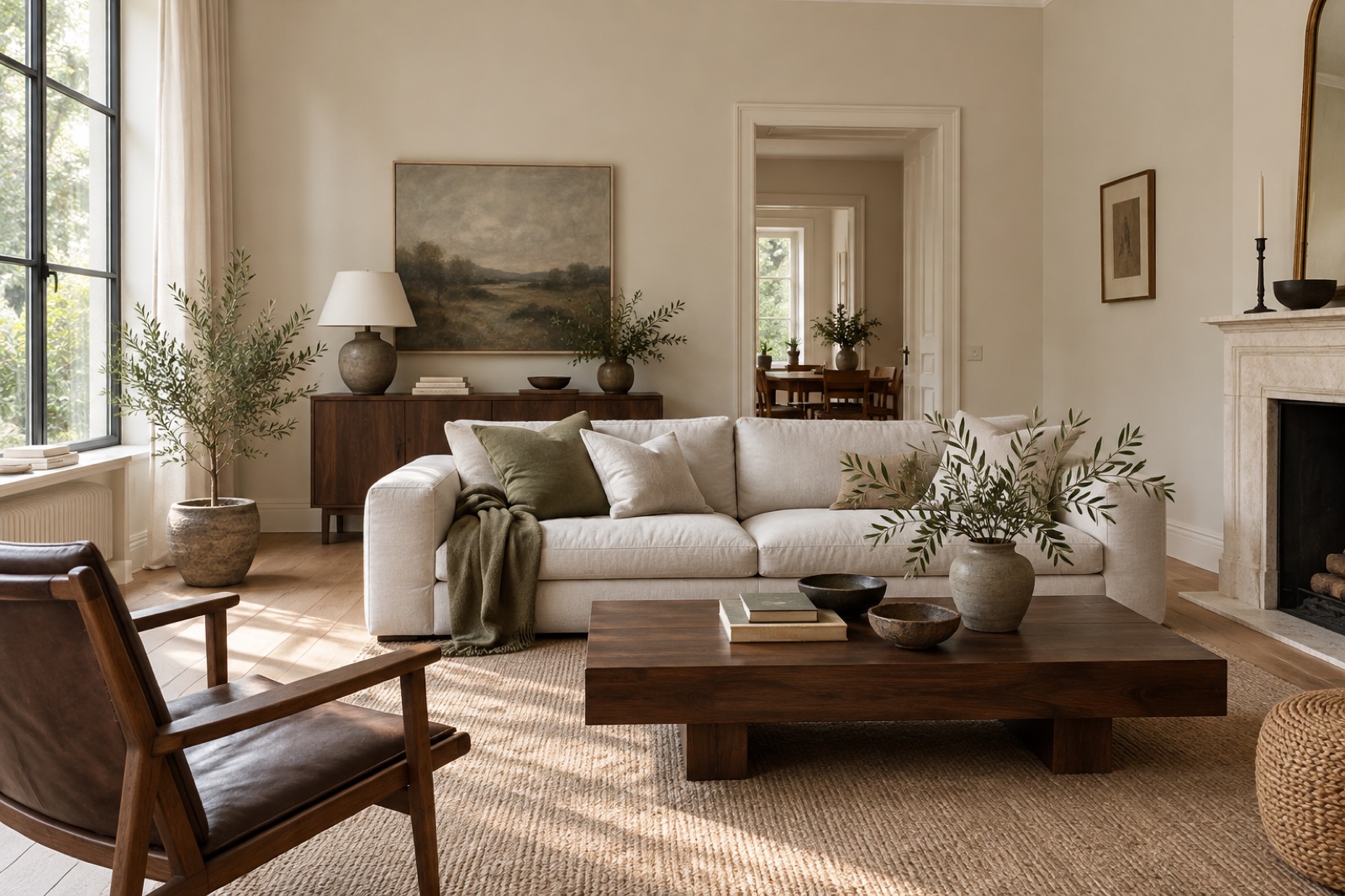 Living room with layered natural materials and soft window light
